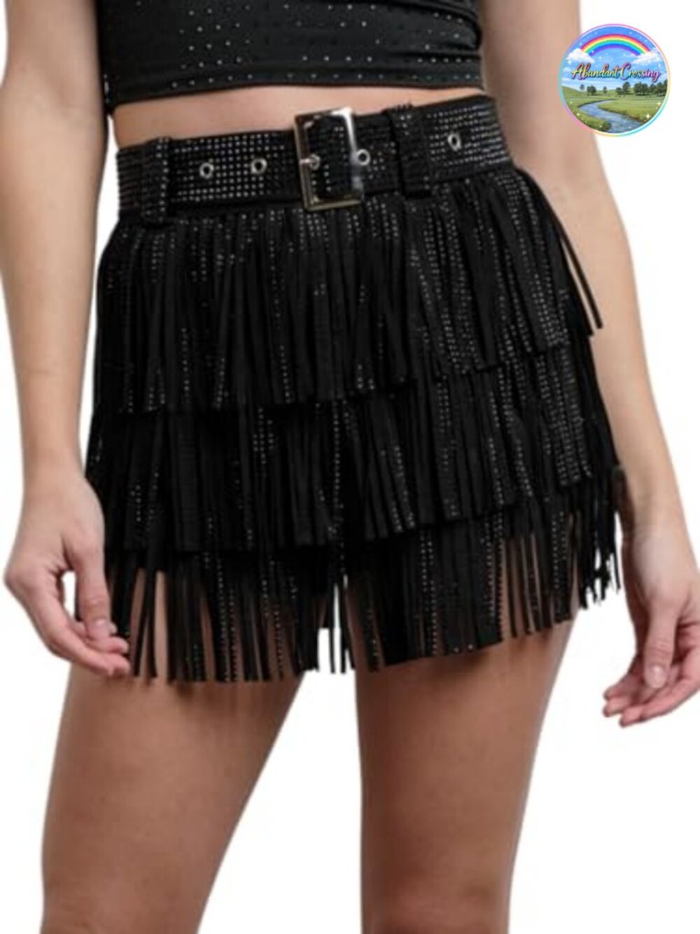 Rhinestone Fringe Skort Elastic Waist Pull On Mini Skirt Built-in Shorts